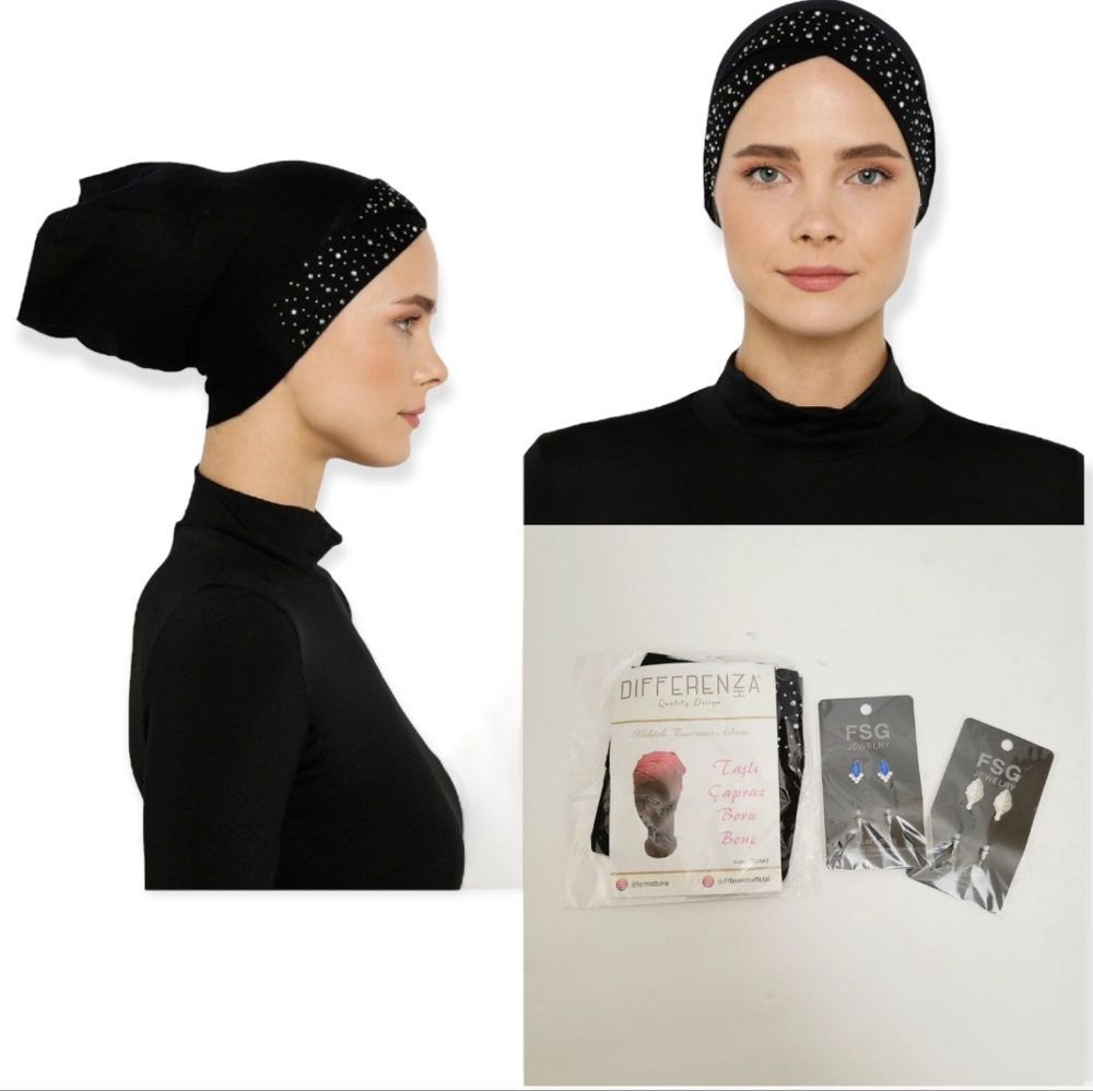 5 pieces set hijab, rhinestones bonnet/under scarf & safety pins